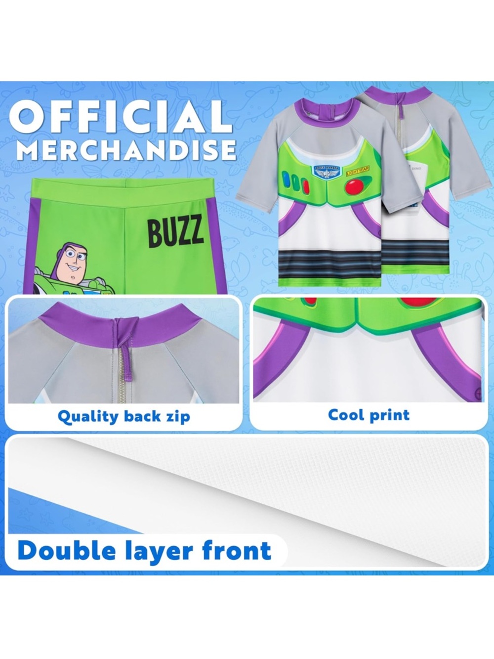 Disney Buzz Lightyear Green & Purple Kids Rash Guard Swim Set boy 6/7 6y 7y - Picture 3 of 6